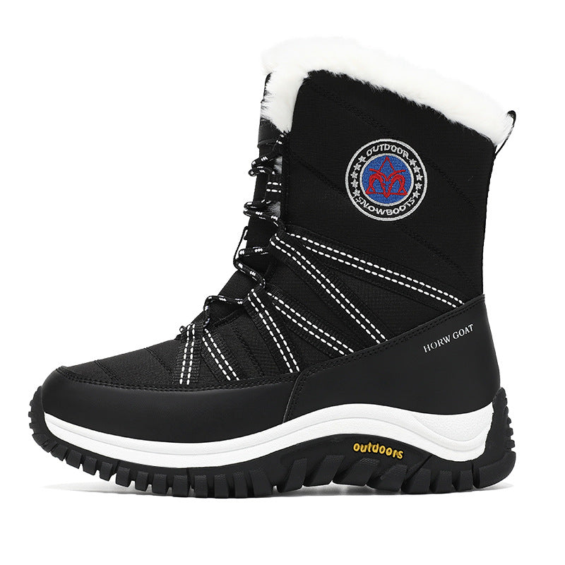 Women’s snow boots, black high-top with faux-fur collar, lace-up, thick tread sole