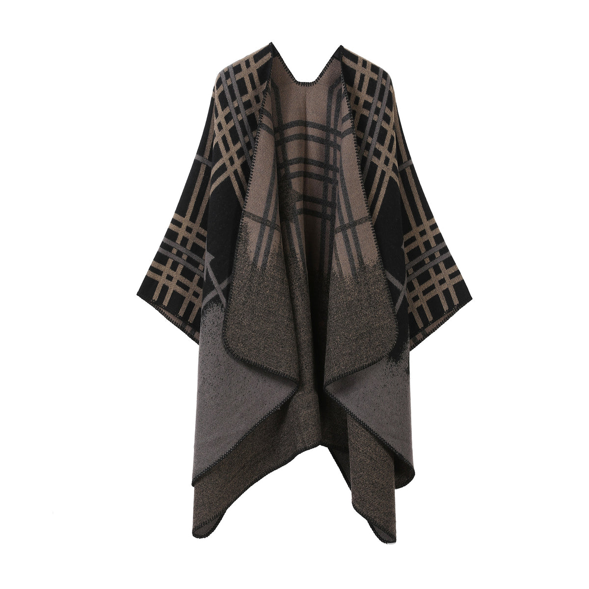 Dark gray and brown grid plaid double-sided split cape shawl, wide drape