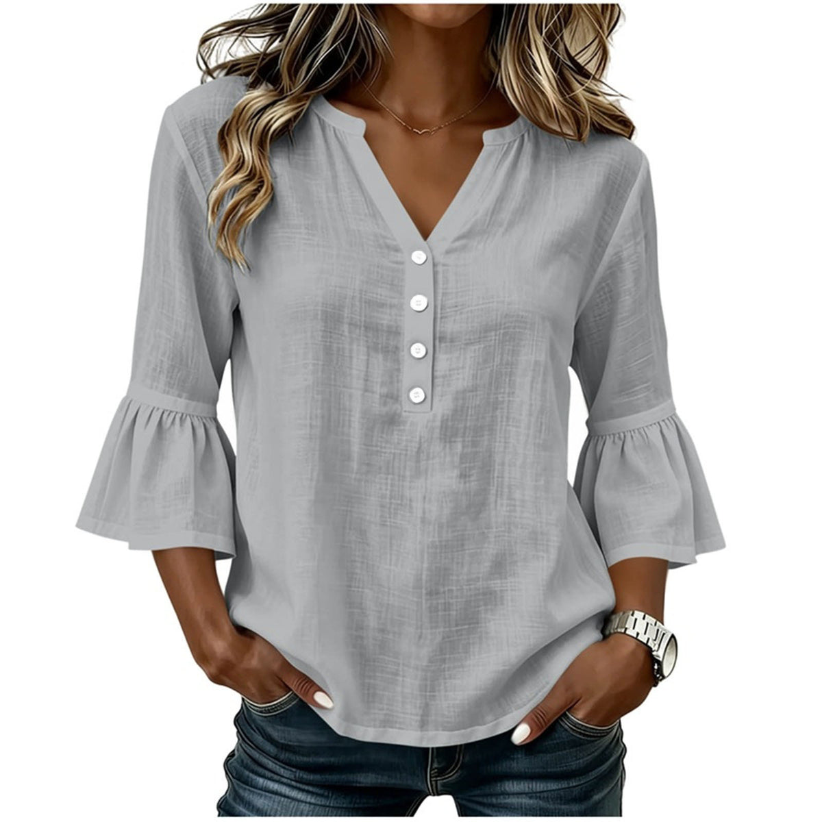 Women's gray V-neck button-front bell-sleeve blouse, loose fit