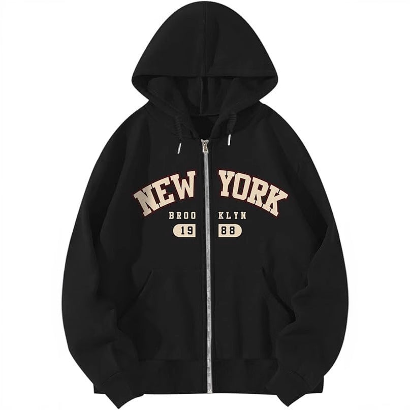 Black zip-up hooded sweatshirt with NEW YORK and Bklyn graphic, front pockets