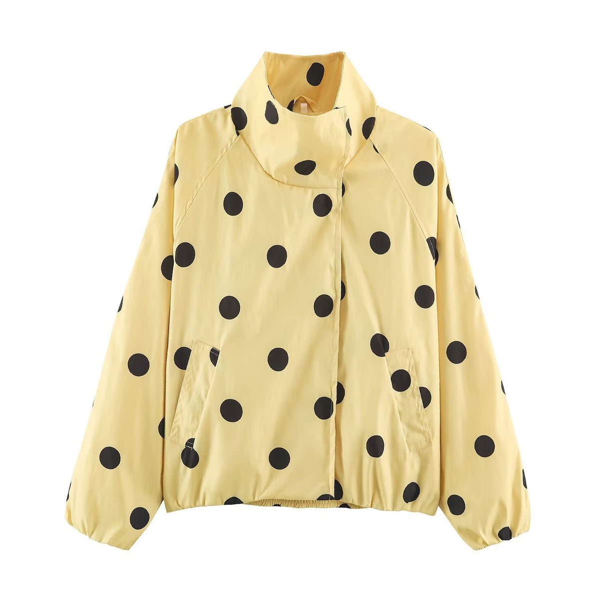 Yellow polka-dot bomber jacket with zip front and elastic waistband