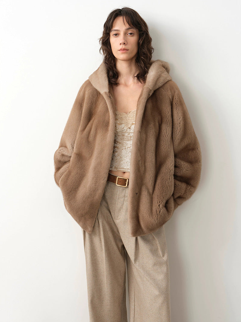 Brown hooded faux fur coat with front clasp, mid-length sleeves
