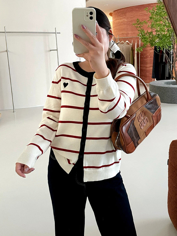 Striped Cardigan for Women — Button Front Knit with Contrast Trim in Soft Cotton