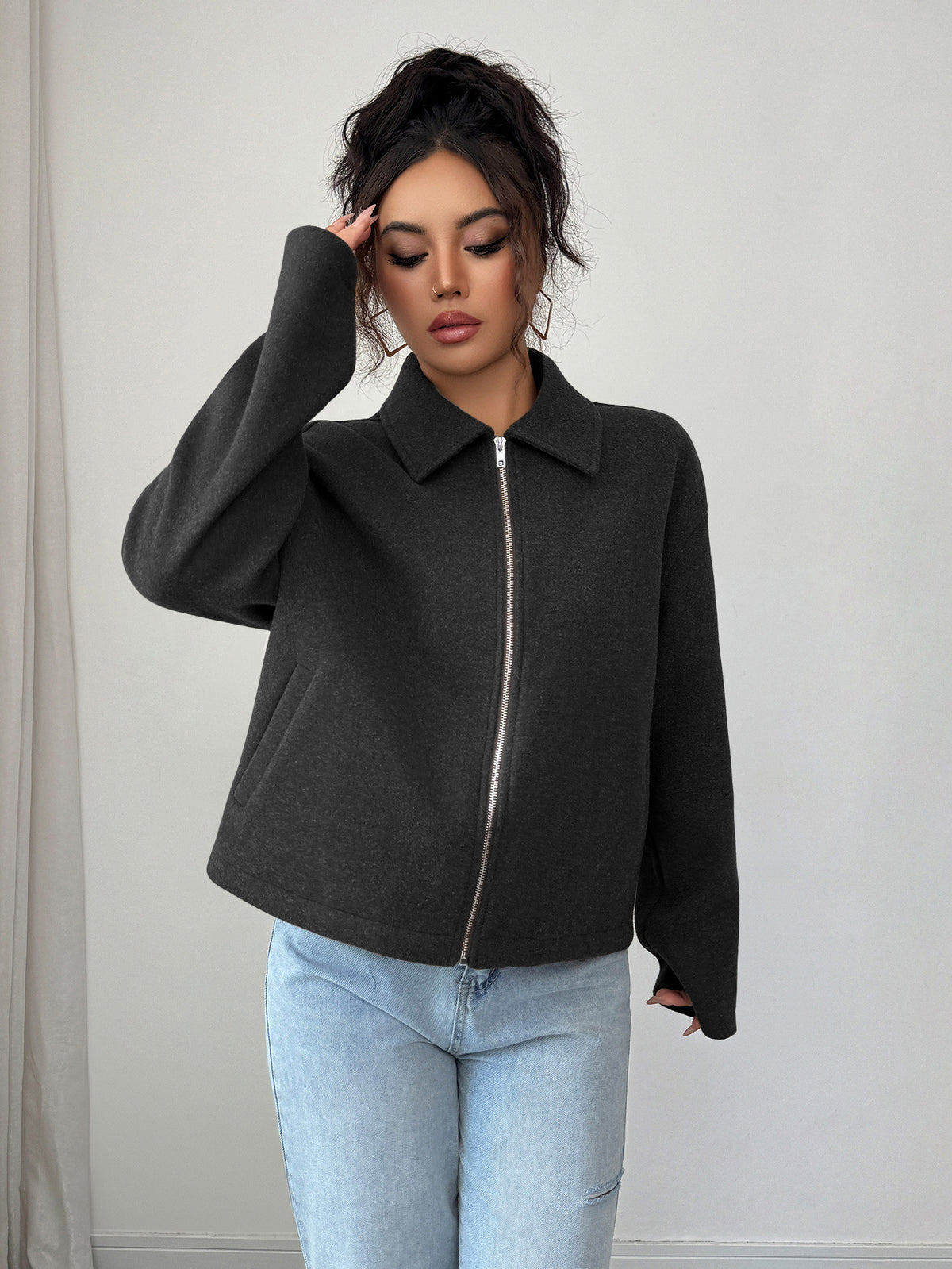 Wool Jacket for Women — Cropped Boxy Zip Front with Point Collar and Drop Shoulders