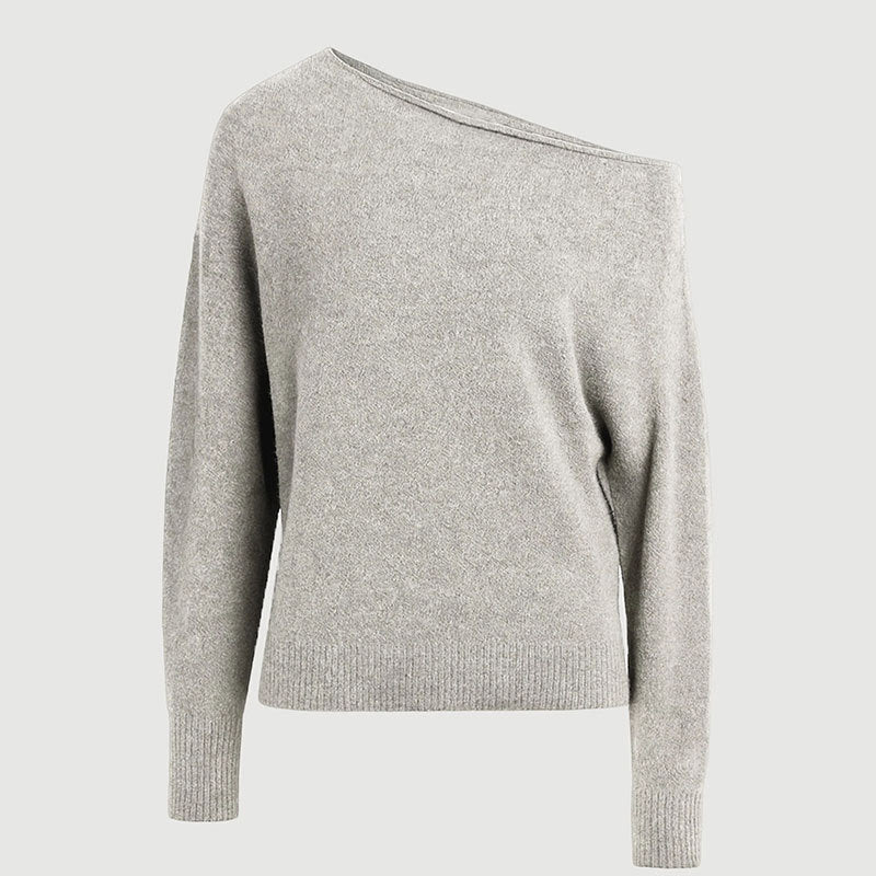 Grey off-shoulder knit sweater top, long sleeves, ribbed cuffs