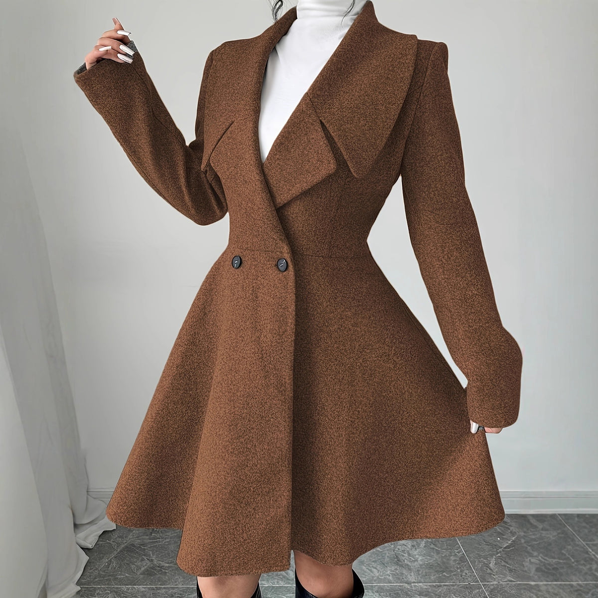 Brown wool coat with notched lapels, fitted waist, long sleeves, A-line skirt