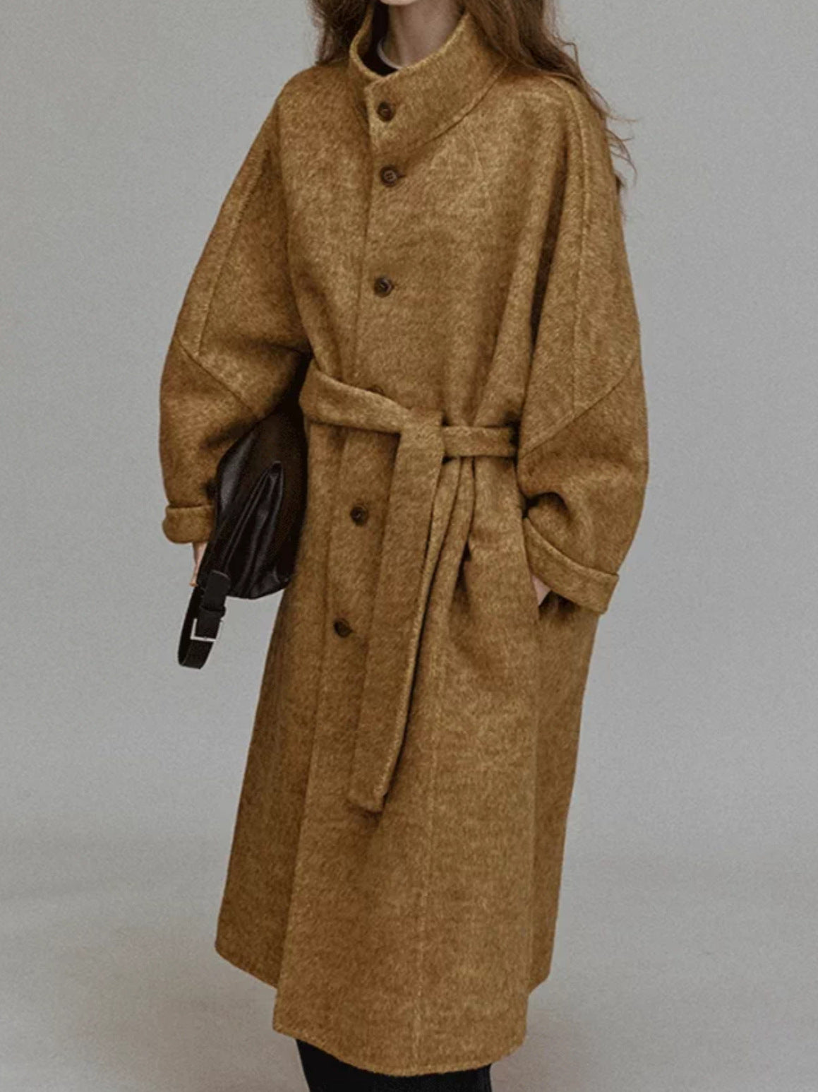 Brown long wool coat with stand collar, button front, tied waist belt, loose sleeves