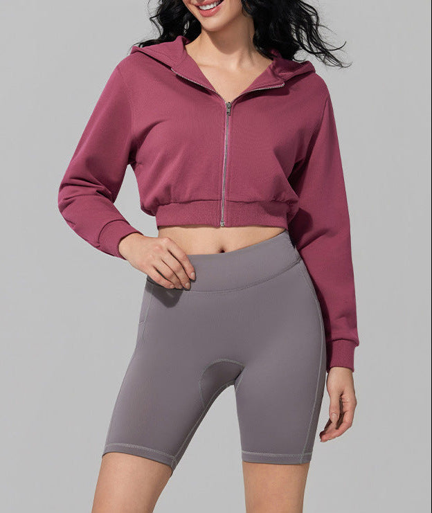 Women’s purple zip-front hooded crop sweatshirt jacket with kangaroo pocket