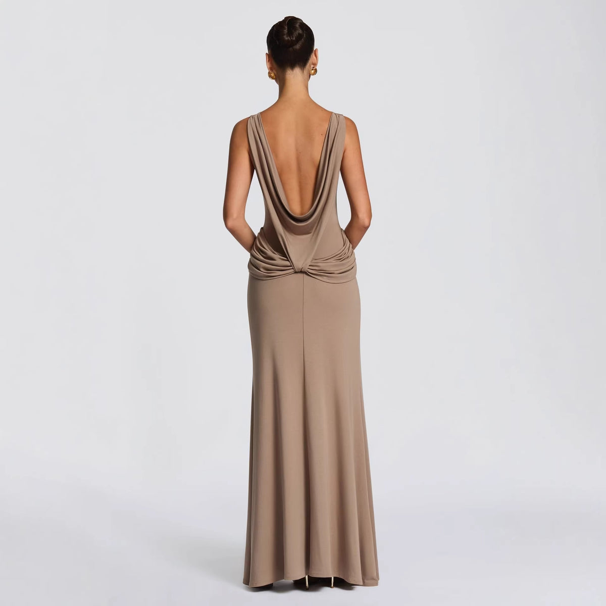 Khaki draped backless maxi dress with cowl neckline