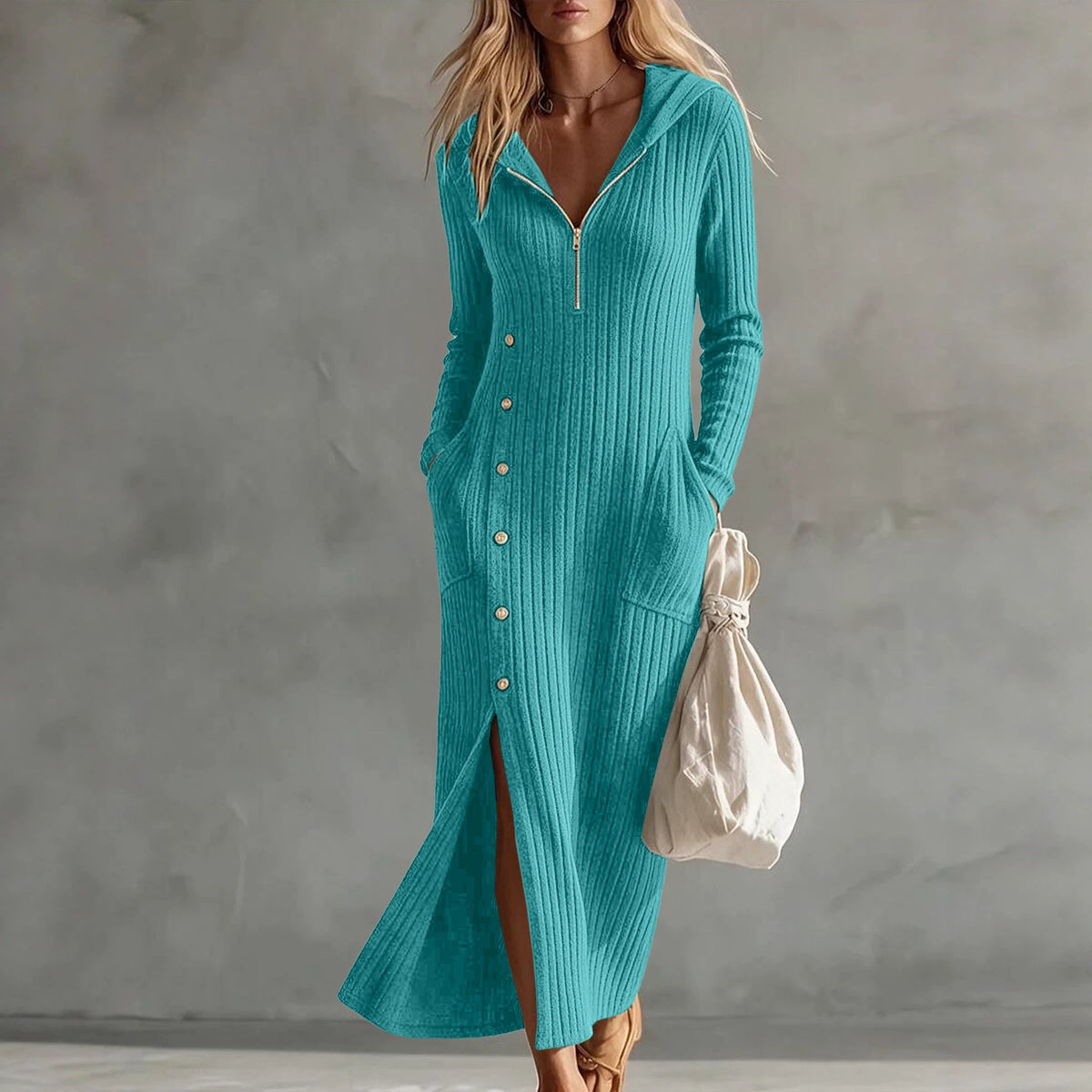 Hooded Knit Maxi Dress — Half Zip Button Front with Side Slit in Ribbed Knit