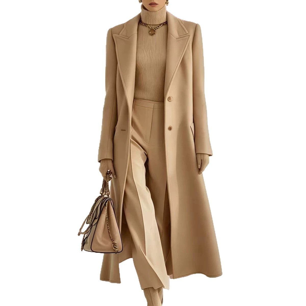 Camel long tailored coat with peak lapels, two buttons, and a slim silhouette
