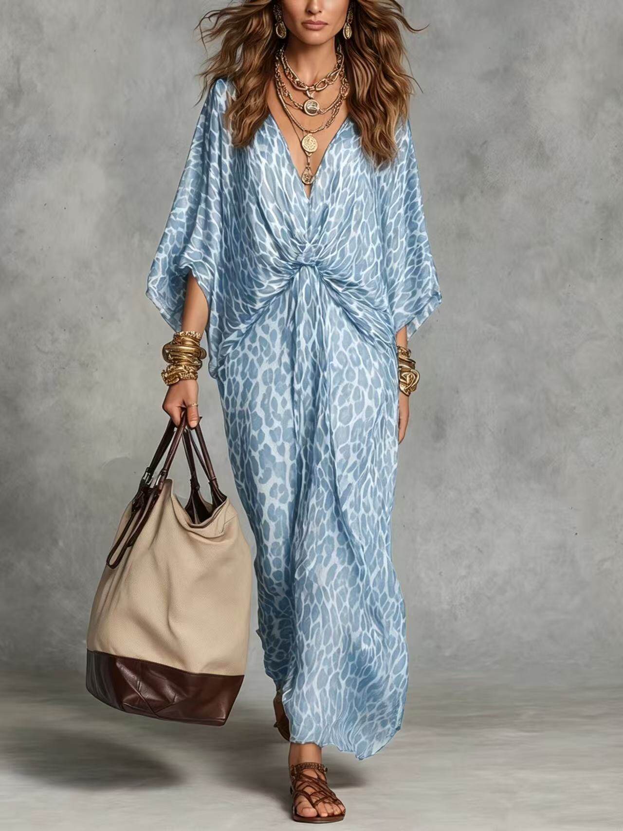 Leopard print V-neck maxi dress with twist-front, dolman sleeves, light blue