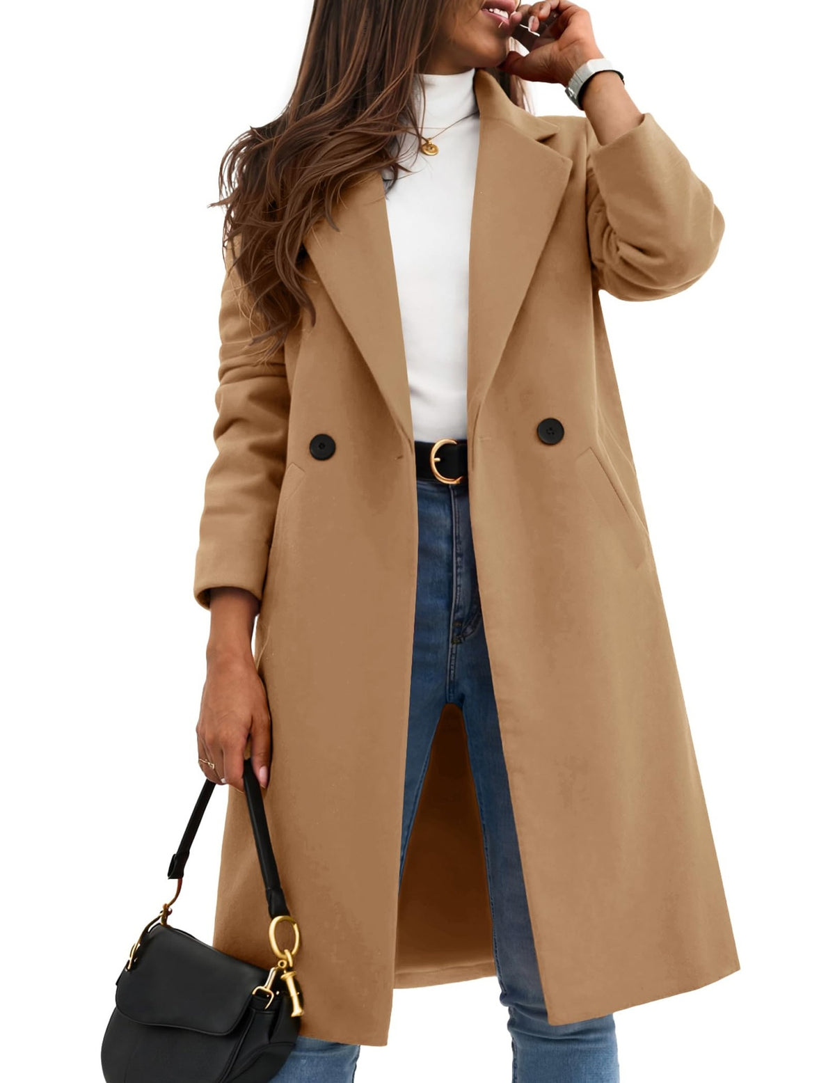 Long tan double-breasted coat with notched lapels and two rows of buttons.