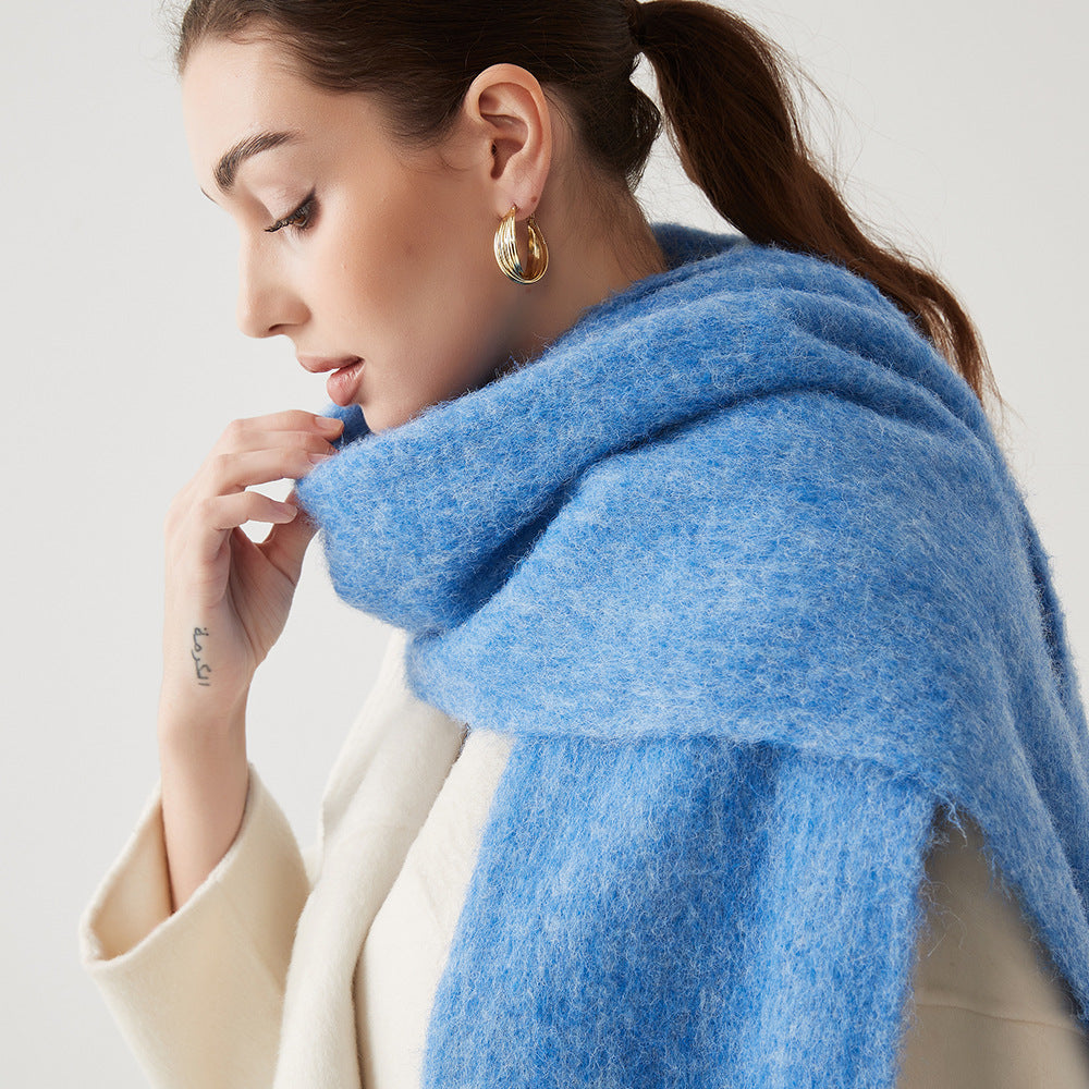 Women’s wool hair scarf, bright blue solid wrap with soft fluffy texture