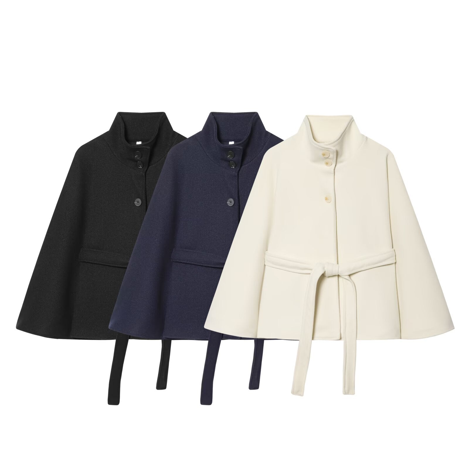 Set of three high-neck cape wool coats in black, dark blue, and white