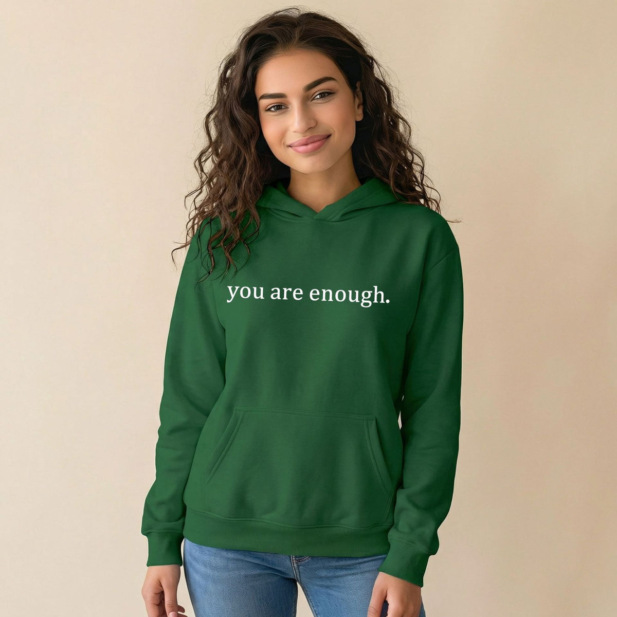 Women's fleece-lined hoodie in green with hood, kangaroo pocket, 'you are enough' print