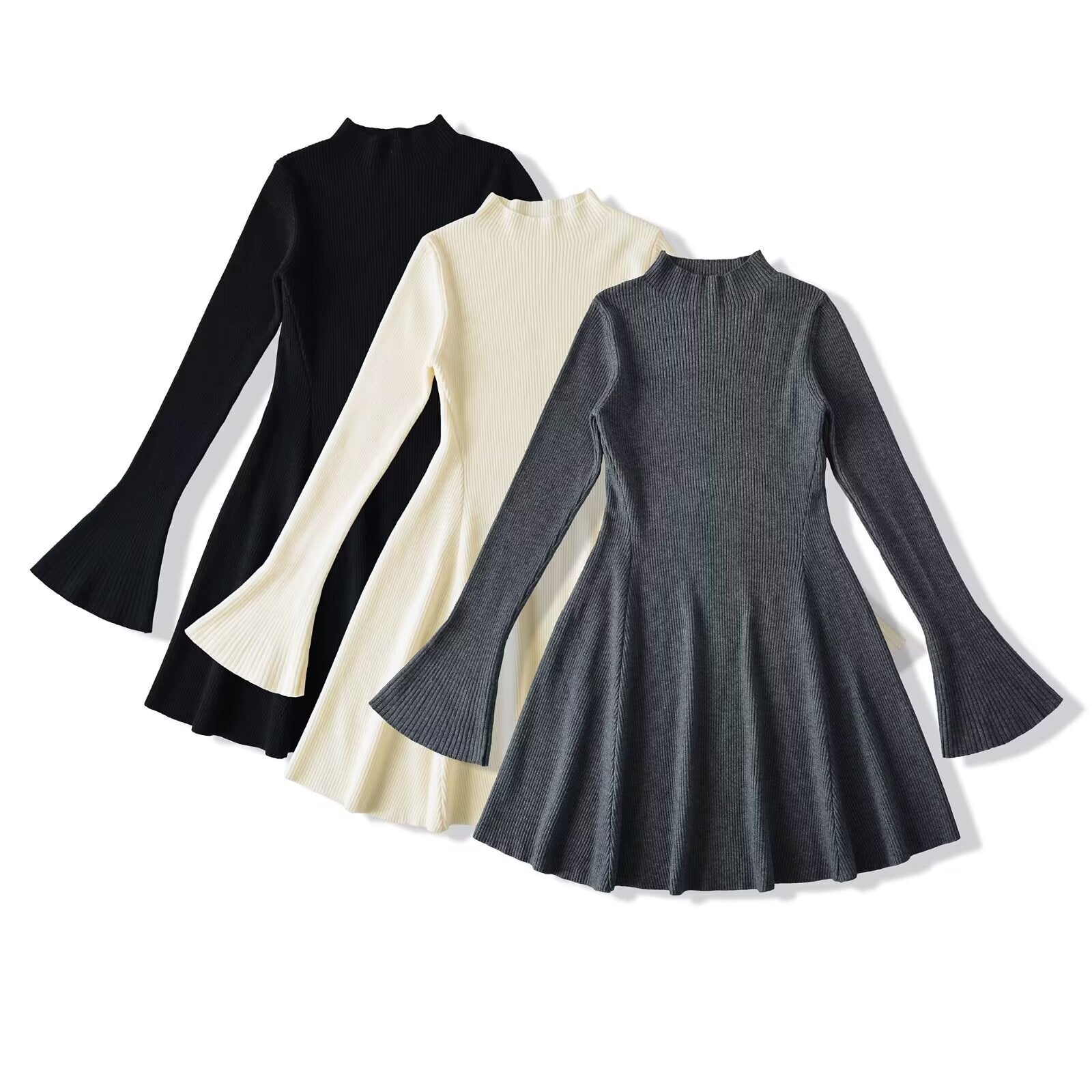 Knit mini dress set: black, off-white, gray mock neck bell sleeves flare skirt
