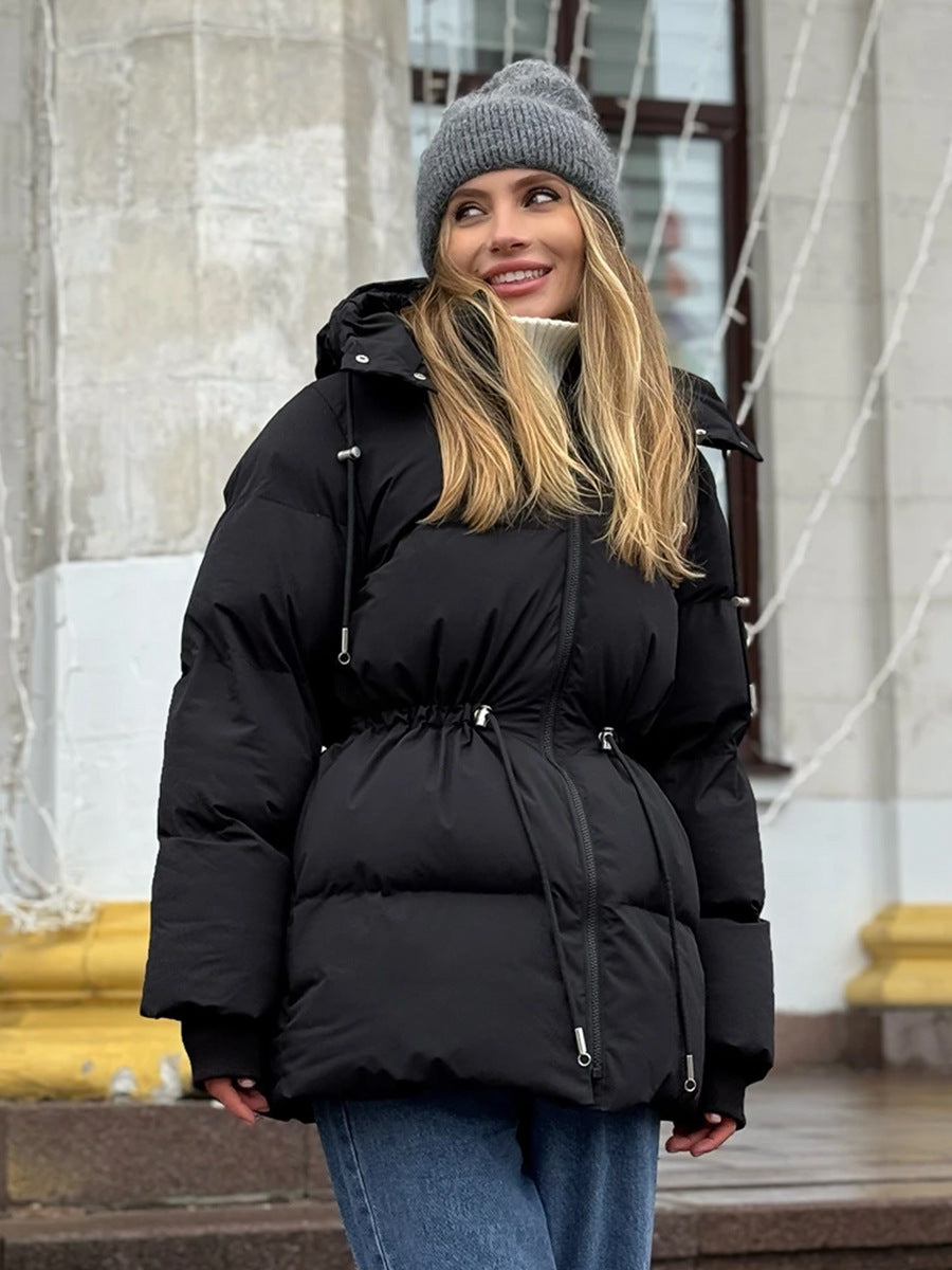Black hooded mid-length puffer jacket with adjustable drawstring waist and zipper front