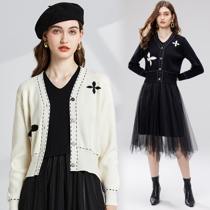 Cropped Cardigan for Women — Contrast Stitch Floral Motif Style in Ribbed Knit