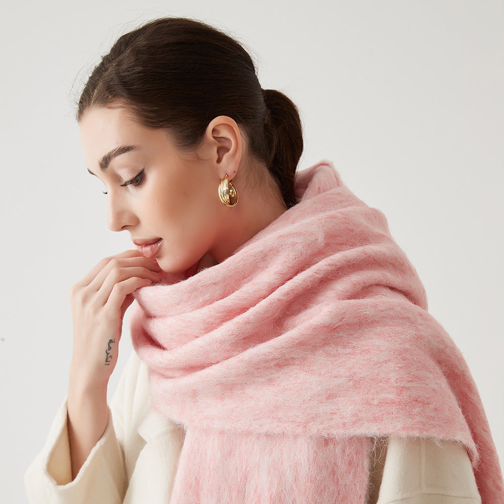 Women’s wool hair scarf, pale pink solid wrap with soft fluffy texture
