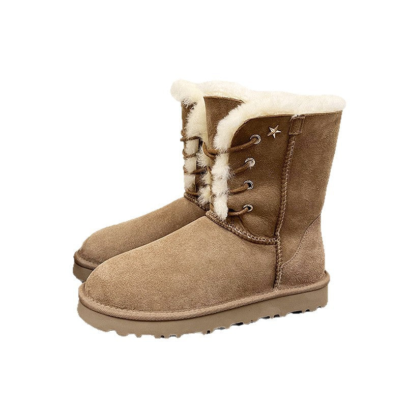 Women’s mid-calf tan snow boots with white faux-fur trim, lace-up front, and tread sole