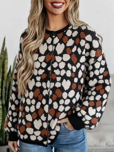 Heart Print Cardigan for Women — Button Front Knit with Balloon Sleeves in Brushed Wool
