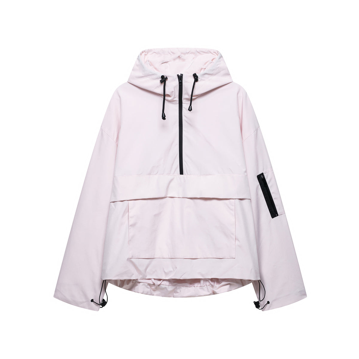 Women’s hooded windproof jacket in light pink with adjustable drawstring hood and zipper
