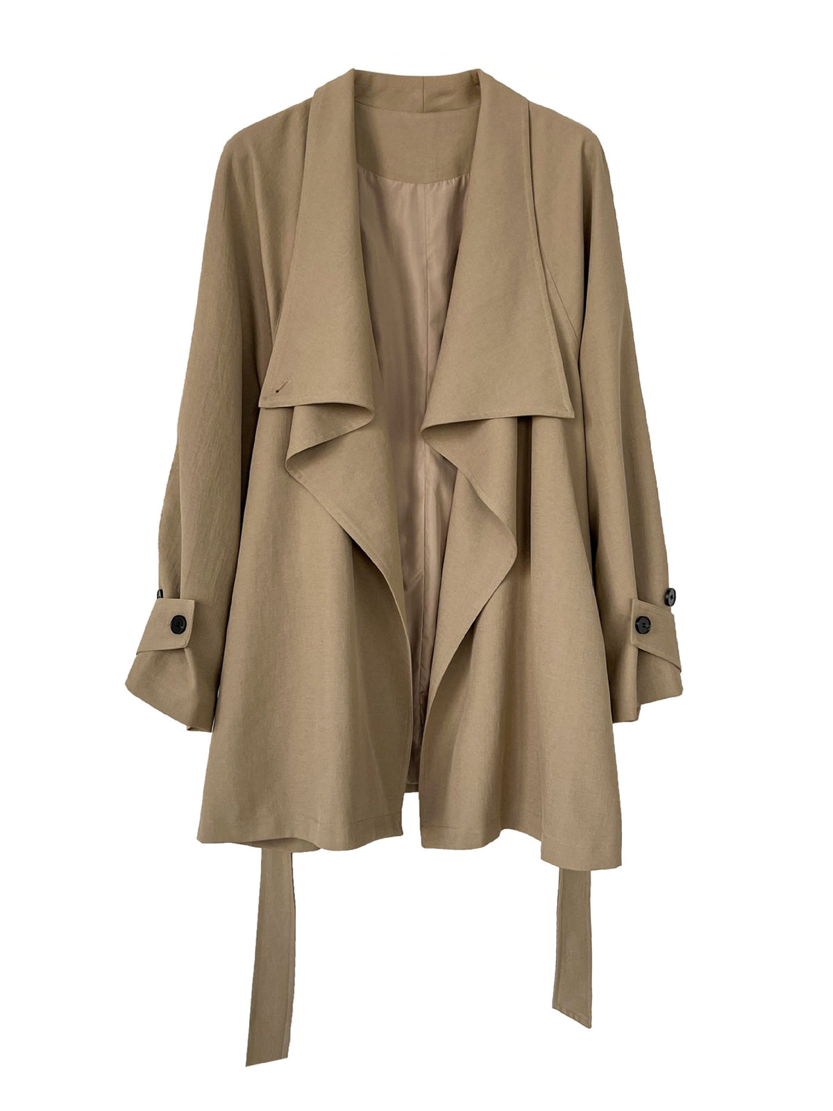 Women’s khaki wrap coat with wide draped front panels and button detail on cuffs