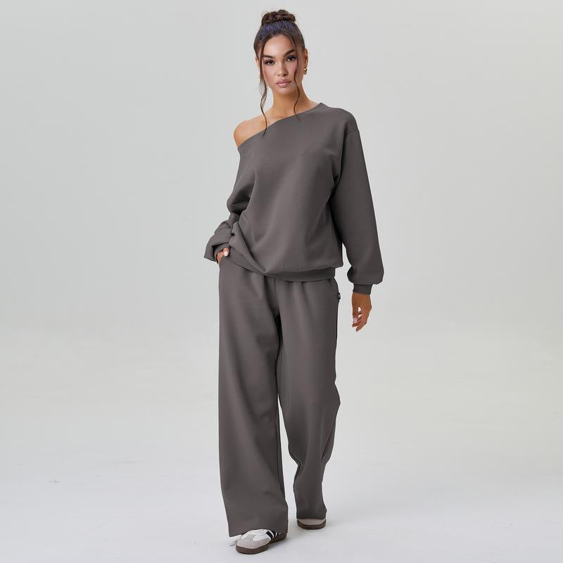 Gray oblique-shoulder long-sleeve top and wide-leg pants two-piece set