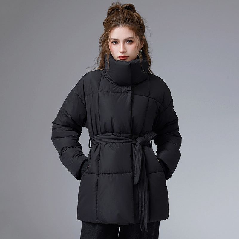 Women's black cotton puffer coat with stand collar and waist tie