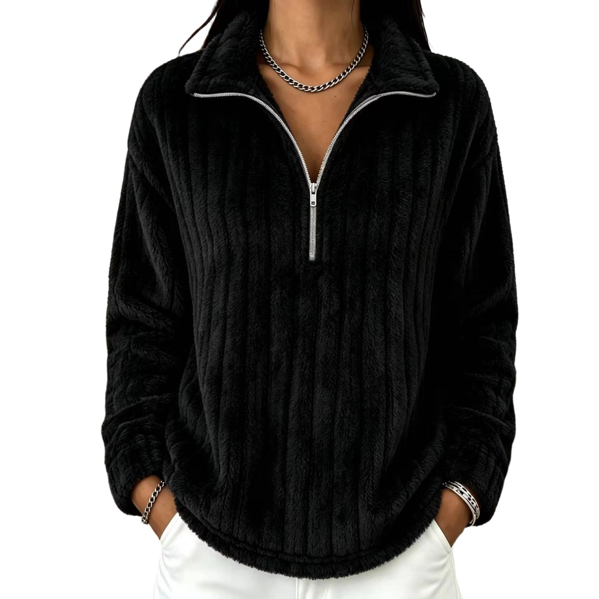Women’s ribbed plush zip-up pullover sweatshirt in black, long sleeves