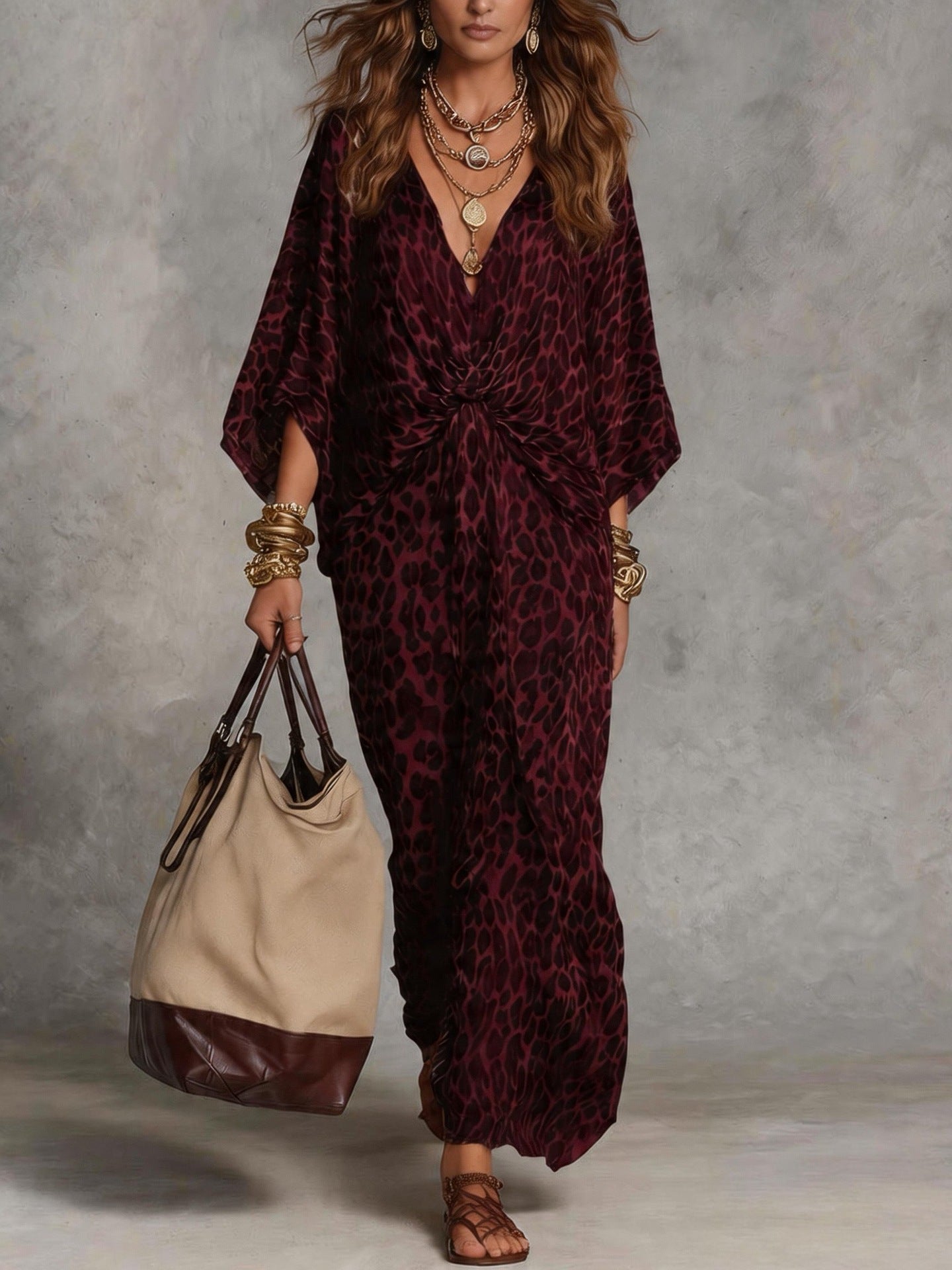 Leopard print V-neck maxi dress with twist-front, dolman sleeves, burgundy