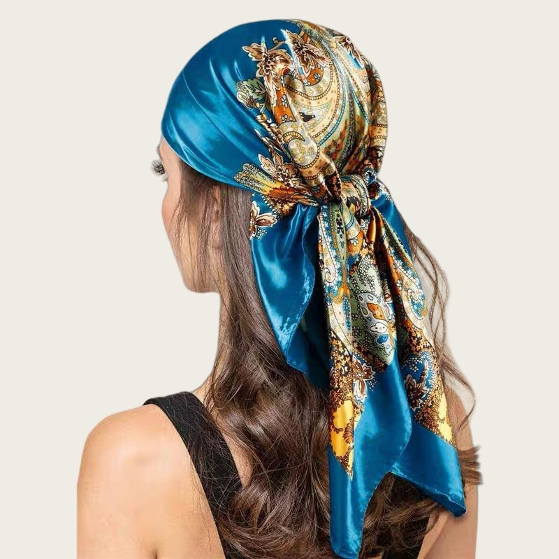 Satin square scarf for head in teal-blue with gold and paisley floral print