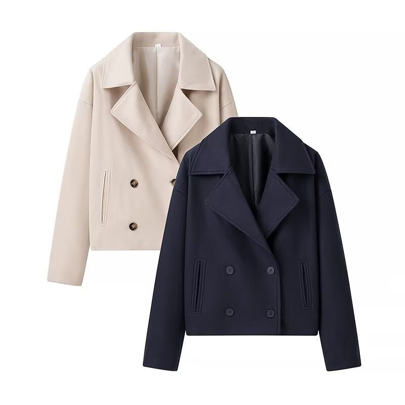 Off-white and navy double-breasted short wool jackets with notch lapels