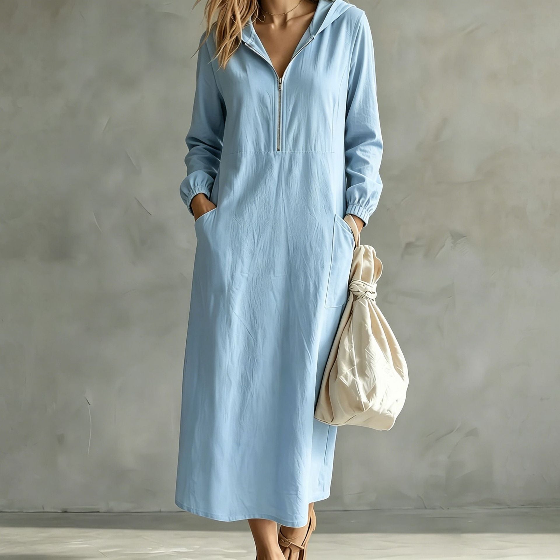 Long Sleeve Linen Maxi Dress — Casual Hooded Half Zip Style with Deep Side Pockets