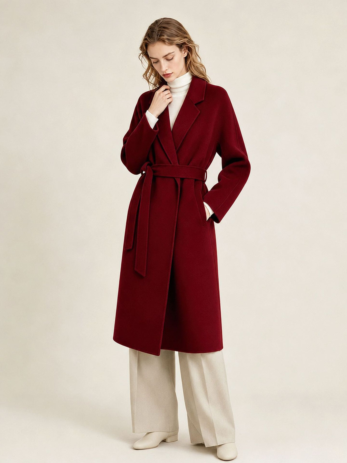 Wine red wool cashmere belted coat with V-neck style and long sleeves