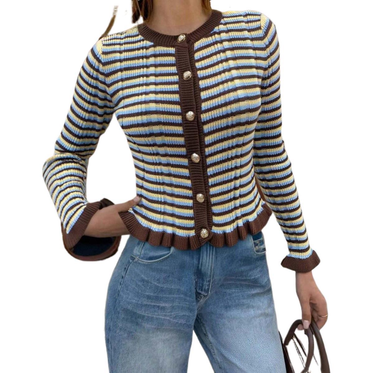 Striped ribbed cardigan with dark button-front, round neck, lettuce hem; blue/cream stripes.