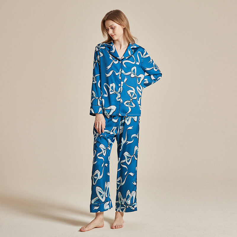 Women’s blue printed long-sleeve pajama top and wide-leg trousers set