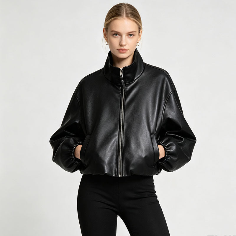 Women's black stand-collar faux leather jacket, zip-front with puffed sleeves detail