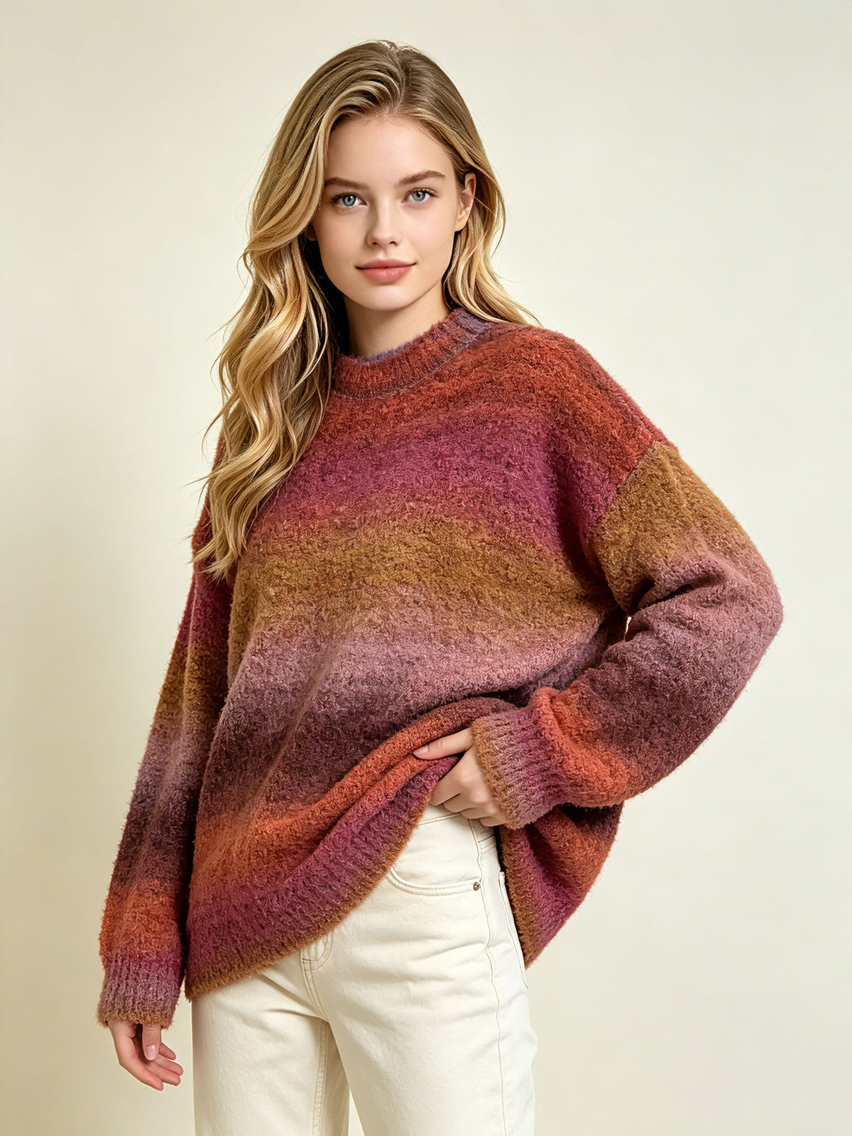Women’s gradient knit sweater with round neck, drop-shoulder long sleeves, rust red and tan