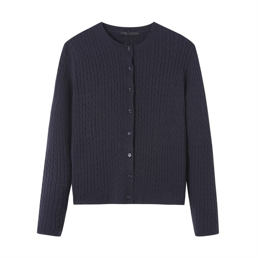 Cable Knit Cardigan for Women — Classic Crew Neck Button Front in Soft Merino Wool