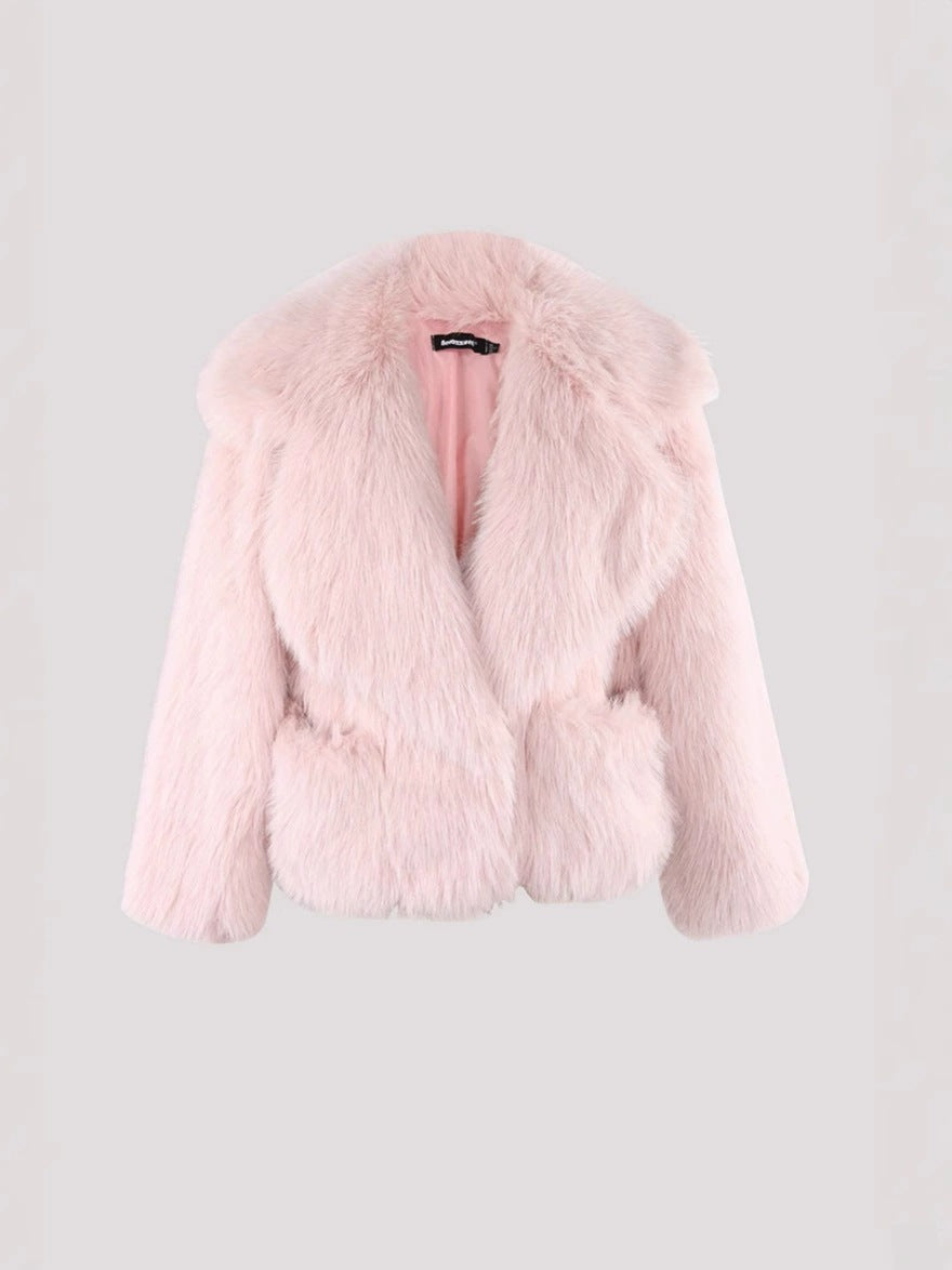 Pink faux fur short coat with oversized collar and relaxed, long sleeves