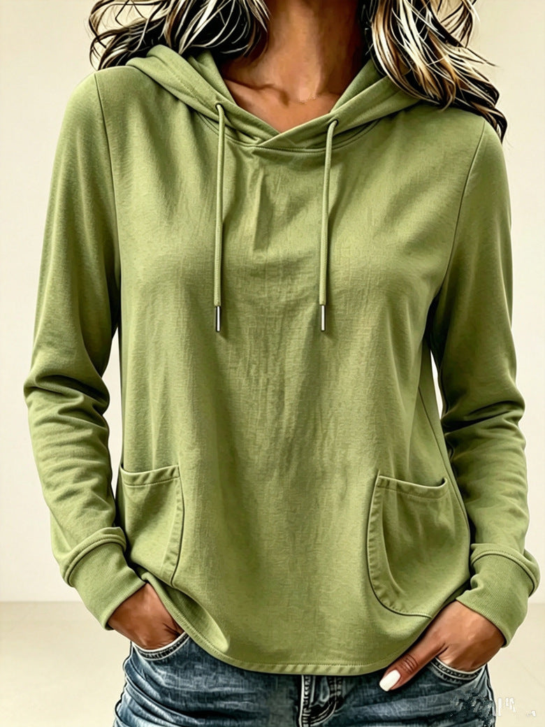 Olive green women's long-sleeve hooded sweatshirt with drawstring and kangaroo pocket