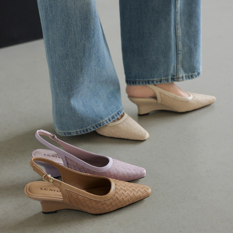 Off-white square-toe wedge sandals with woven upper, shown with jeans