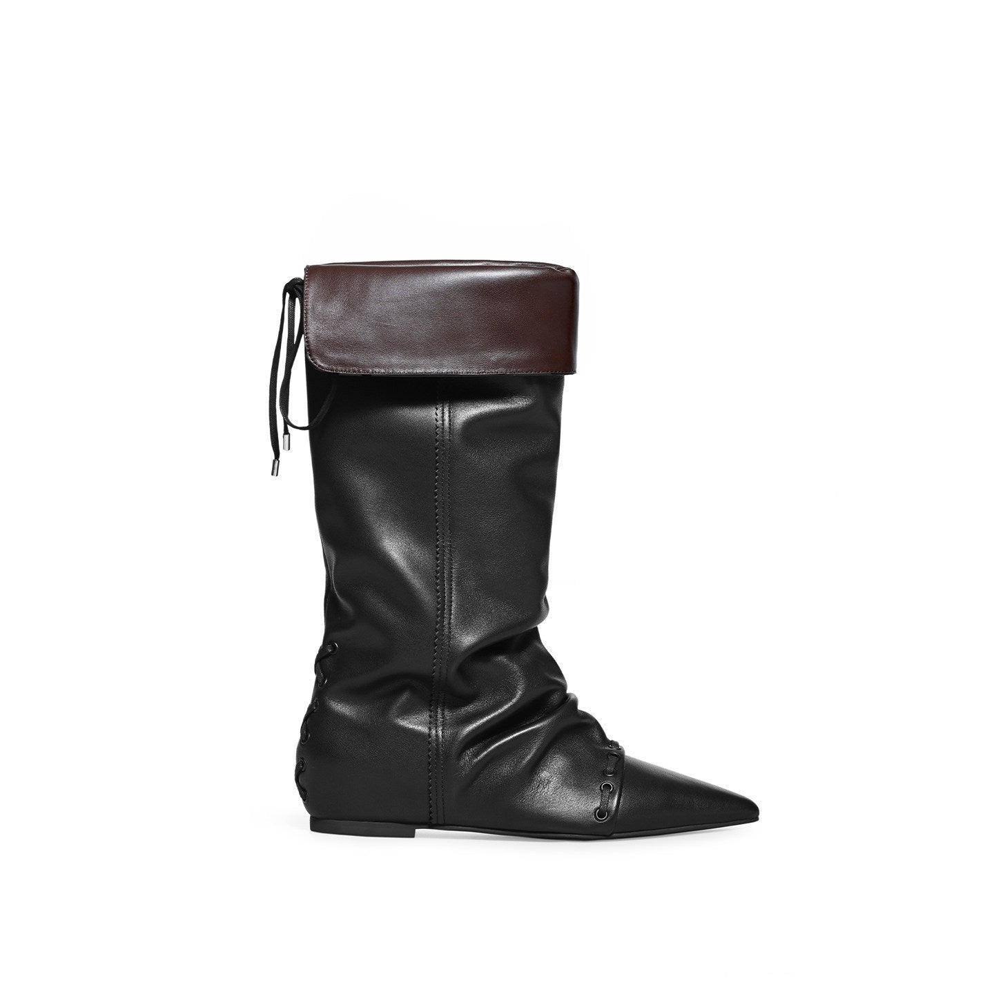Dark knee-high slouch boots with pointed toe, drawstring top and side stitching