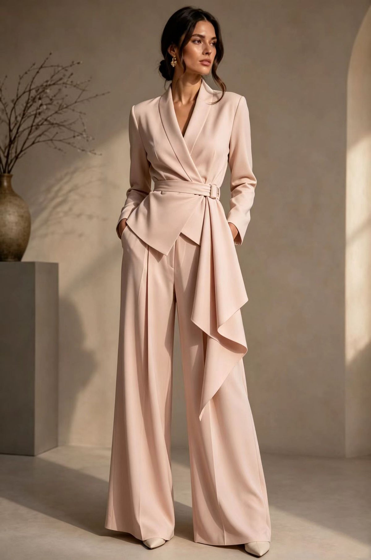Women's crepe pant suit set in light pink, tie-waist wrap blazer with wide-leg trousers