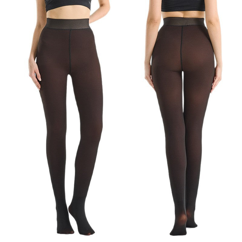 Women’s sheer fleece-lined thick leggings pantyhose, dark brown with high waist