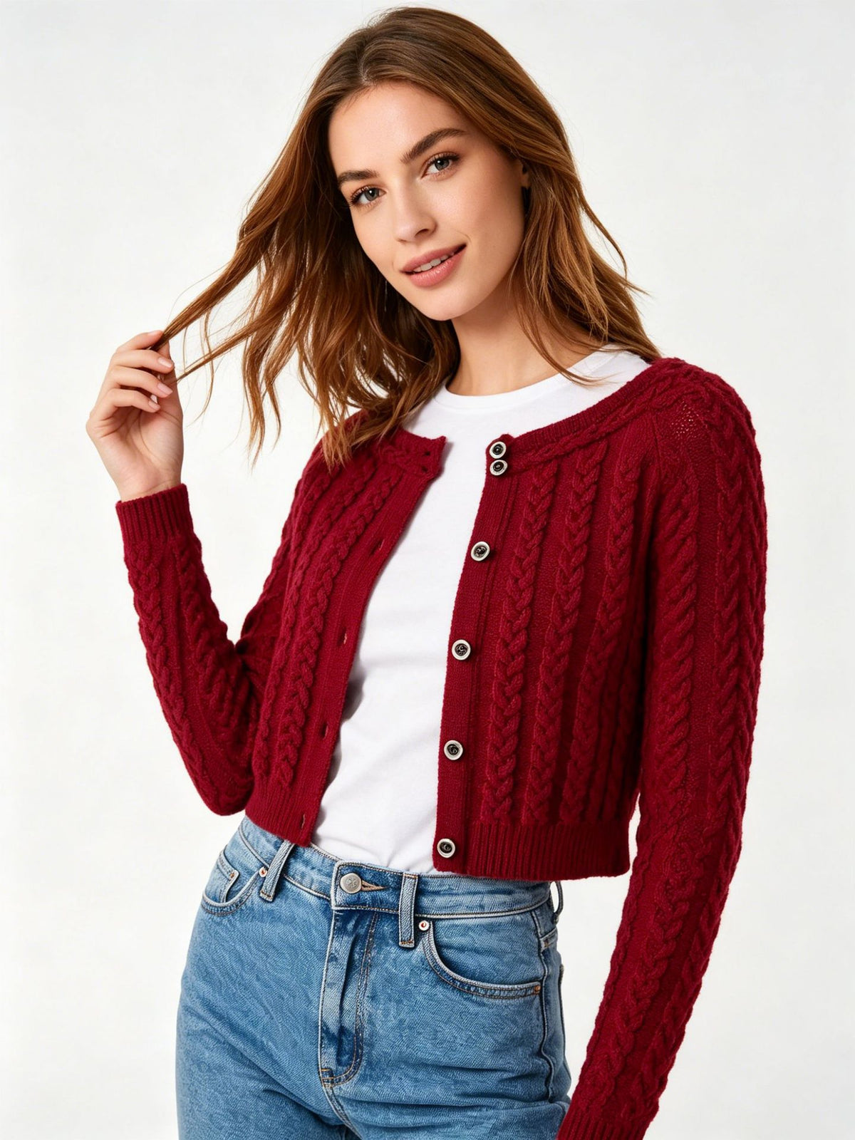 Women’s red cable knit cardigan, round neck button-front with long sleeves