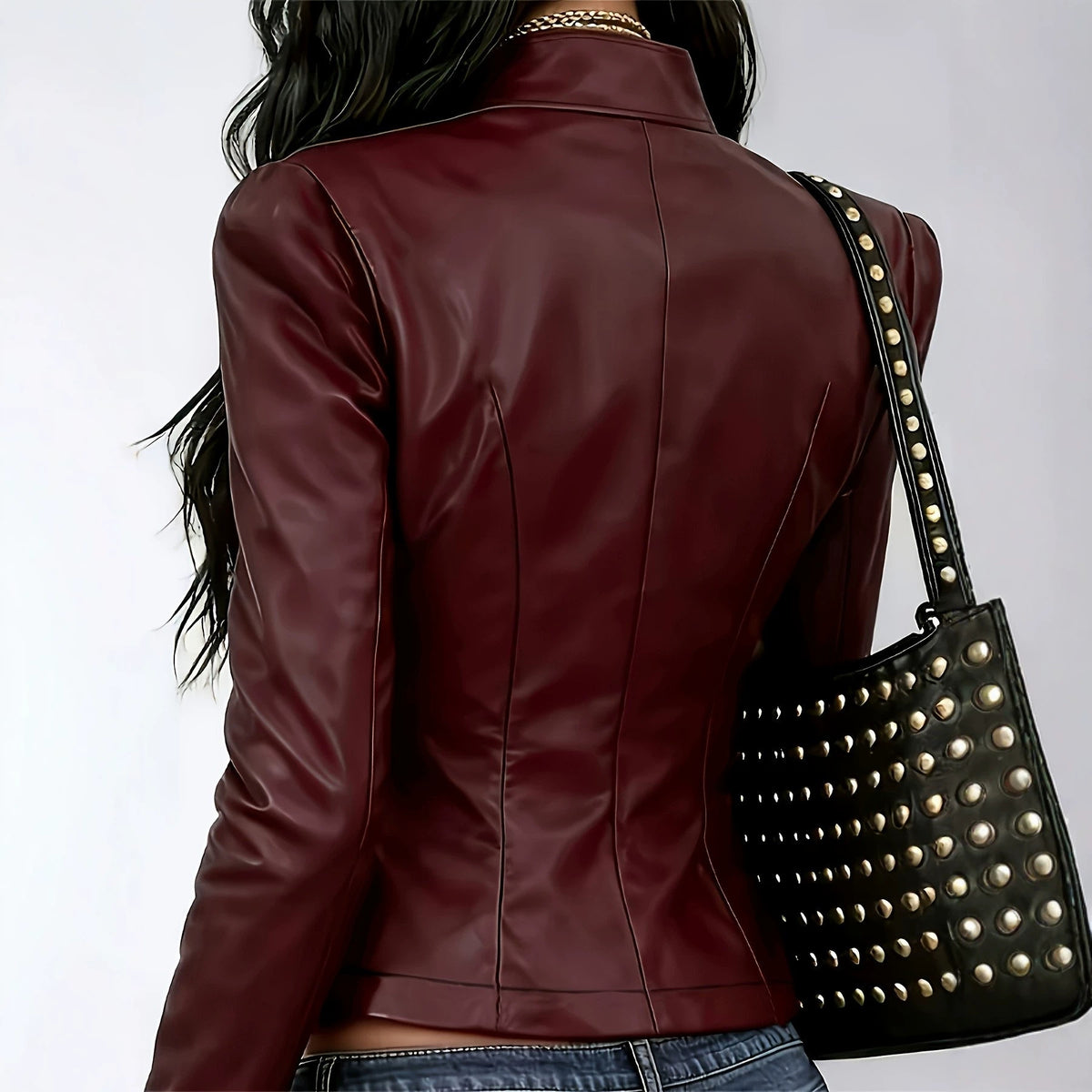 Women’s wine-red leather jacket with back seams and button-front