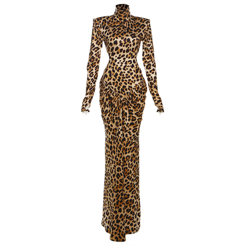 Leopard print maxi dress with high neck and long sleeves, back view with open back
